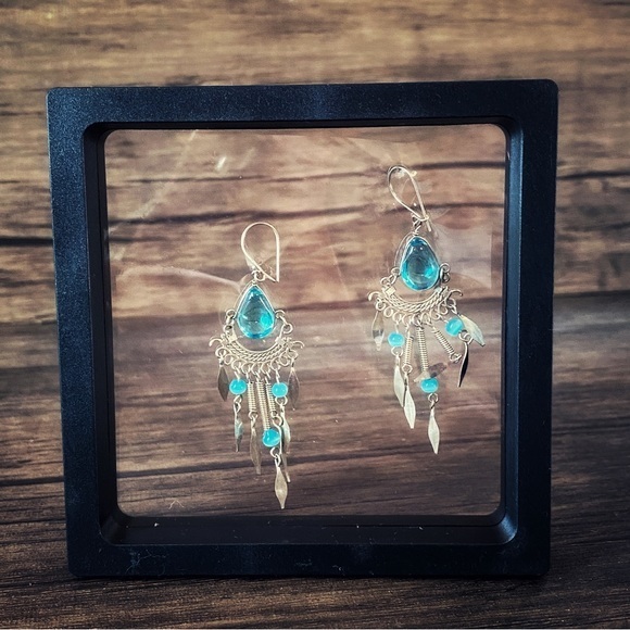 💋 Blue Glass Dangle Earrings - Picture 1 of 9